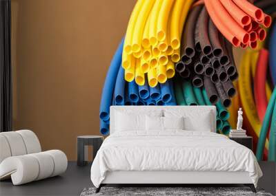 Colorful shrink tube on brown background, close-up Wall mural