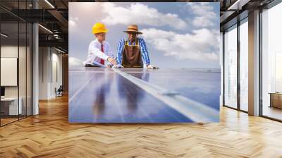 Engineers assist farmers in installing solar panels, providing guidance and advice on sustainable energy solutions. Wall mural