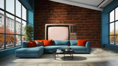 Retro television on table in old brick wall. Vintage tv style photo. Wall mural