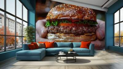 business man looking at hamburger in his hands Wall mural