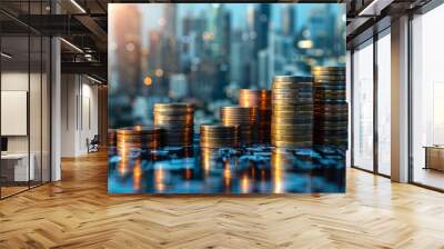 Businessman is introducing a investment savings money with stack gold coin with looking to future for new the business opportunity on the city background, Planning concept.  Wall mural