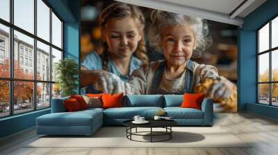 happy family a grandmother with her daughter and grandchildren cooks in kitchen, kneads dough and bakes cookies  Wall mural