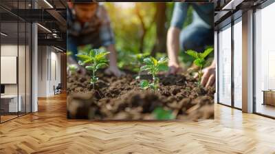 Two men planting a tree concept of world environment day  Wall mural