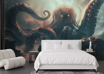 A boy stands in front of a giant octopus Wall mural