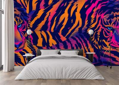 A colorful artistic depiction of two tigers blending with vivid and bold neon colors. Wall mural