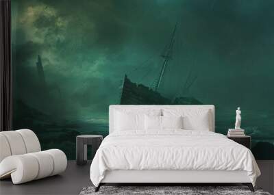 A ship is sinking in the ocean with a storm in the background Wall mural