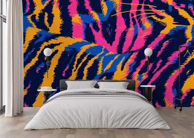 Colorful abstract pattern with electric blue, vibrant pink, and bright yellow stripes on a dark background. Wall mural