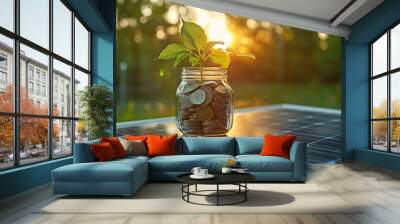 Financing Solar Panels Green Clean Energy Projects, Loan and Investment in Sustainable Renewable Technology, Eco-Friendly (Small Plant Growing of Money Coins) Wall mural