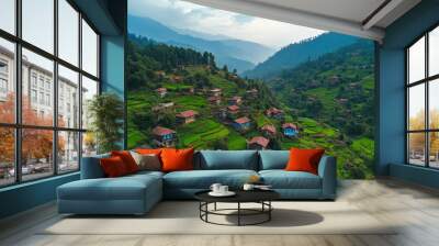 beautiful view of village in forest Wall mural