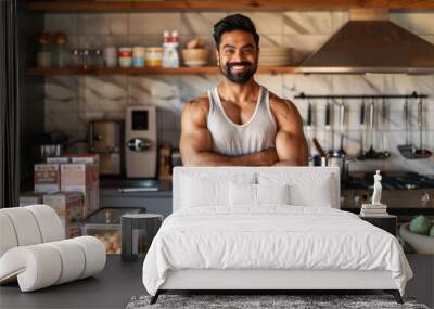 young indian man standing at kitchen Wall mural