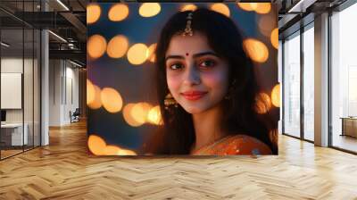 young woman wearing traditional sari and jewelry Wall mural