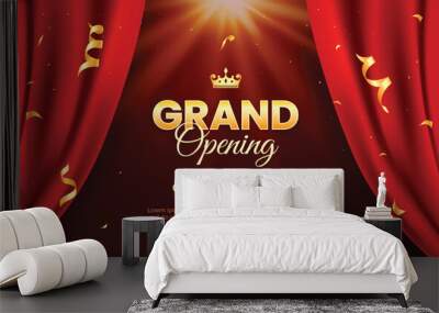 Realistic grand opening invitation banner with red curtains, golden elements and 3d editable text effect Wall mural