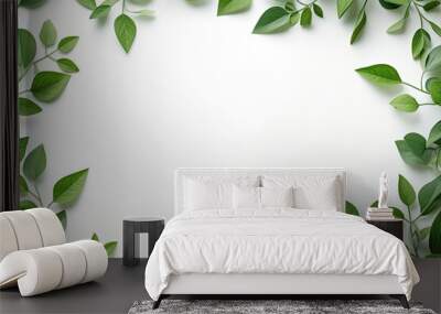 green leaves border frame on a white background with space for copy Wall mural