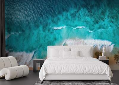 Aerial view of sandy beach, clear turquoise Mediterranean sea. Photo generative AI Wall mural