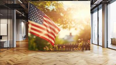 Backlit US flag in nature for Labor Day. Photo generative AI Wall mural