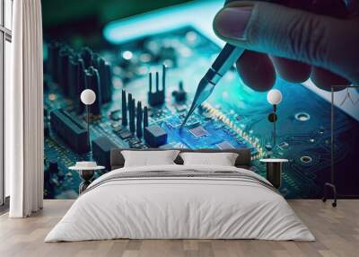 Electronic technician assembling circuit board with tweezers. Photo generative AI Wall mural