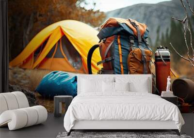 Essential Gear for Wilderness Mountain Hiking: Camping Equipment and Accessories. Photo AI Wall mural