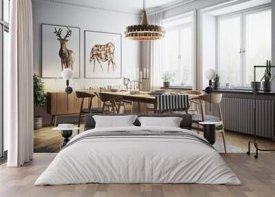 Luxurious Helsinki Home: Scandinavian Dining Room Interior Design. Photo generative AI Wall mural