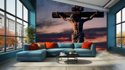 Silhouette of crucifix at dusk. Photo generative AI Wall mural