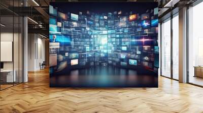 Smart TV Digital Media Wall of Screens Concept. Photo generative AI Wall mural