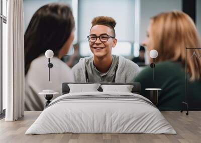 Teacher unrecognizable, teen smiles welcoming new student. Photo generative AI Wall mural