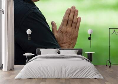 closeup of hands of old woman praying in outdoor Wall mural