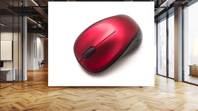 Closeup of red and black wireless mouse of computer on white background Wall mural