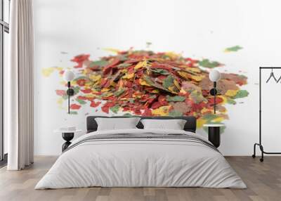 closeup of various flakes on goldfish food on white background Wall mural