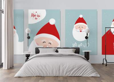 Christmas card set. Merry Christmas and Happy greeting wishes cute santa claus lettering vector. Wall mural