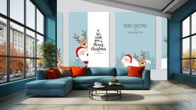 Christmas card set. Merry Christmas and Happy New Year greeting cute santa and red nose reindeer cartoon lettering vector. Wall mural