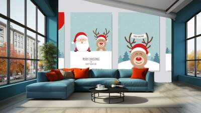 Christmas card set. Merry Christmas and Happy New Year greeting cute santa and red nose reindeer cartoon lettering vector. Wall mural