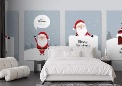 Christmas card set. Merry Christmas and Happy New Year greeting with cute santa claus lettering vector. Wall mural