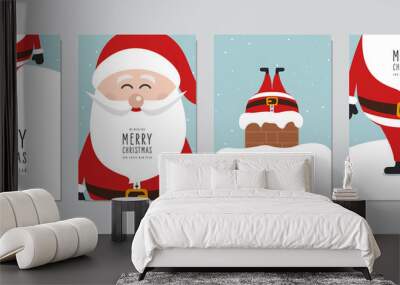 Christmas card set. Merry Christmas and Happy New Year greeting with cute santa claus lettering vector. Wall mural