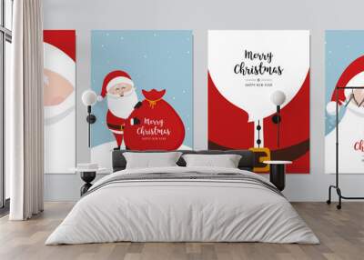 Christmas card set. Merry Christmas and Happy New Year greeting with cute santa claus lettering vector. Wall mural