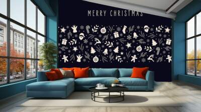 Christmas icon elements border decoration card with greeting text seamless pattern blue background. Wall mural