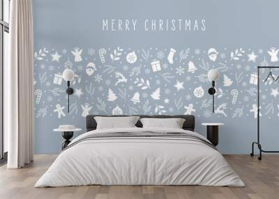 Christmas icon elements border decoration card with greeting text seamless pattern ice blue background. Wall mural