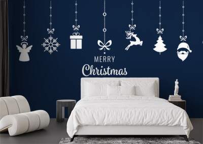 christmas ornament elements hanging blue background Wall mural