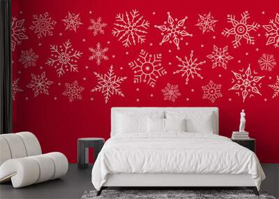 Christmas snowflake elements border card with greeting text seamless pattern red background. Wall mural