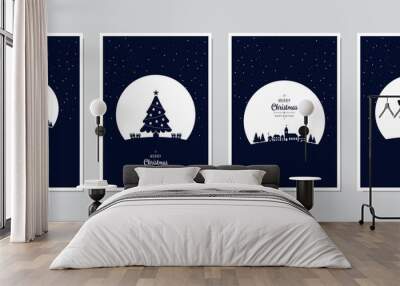 Merry Christmas card set santa sleight night tree greeting text lettering blue snowy night background vector. Wall mural