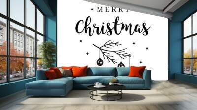 Merry Christmas greeting text lettering  branch bauble isolated background Wall mural