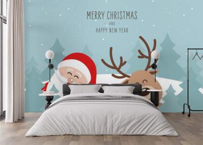 Santa and reindeer cute cartoon winter landscape with greeting snowy background. Christmas card Wall mural