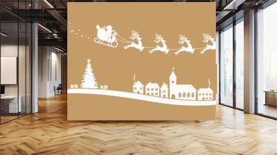 santa claus sleigh reindeer fly gold landscape Wall mural