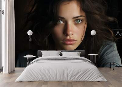 Portrait of a beautiful young brunette woman with green eyes Wall mural