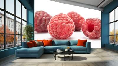 Group of five whole fresh crimson raspberry isolated on white background Wall mural