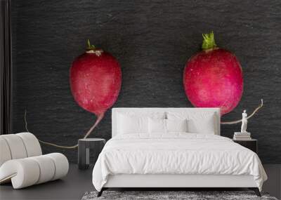 Group of two whole fresh red radish flatlay on grey stone Wall mural