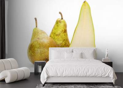 Group of two whole one half of fresh green pear conference isolated on white background Wall mural