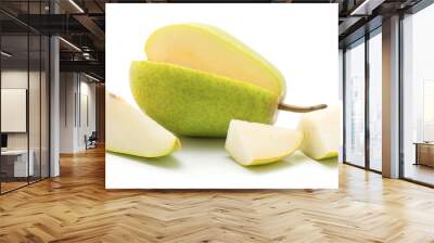 Open green pear with one slice and two pieces isolated on white background. Wall mural