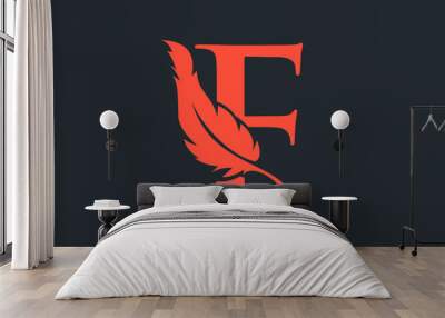 Feather logo design  with F letter vector. Law logo with Feather and F letter Wall mural