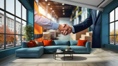 Business handshake in a warehouse between two employees Wall mural