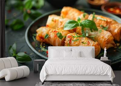 Fresh spring rolls with spicy sauce on plate Wall mural